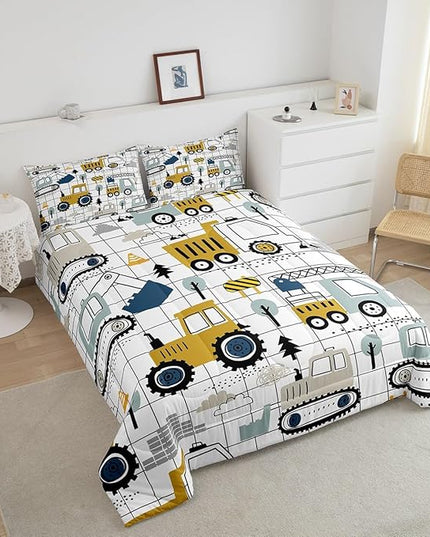 Feelyou Construction Comforter Set King Size Kids Excavator Tractor Toddler Comforter Cartoon Car Equipment Trucks Plaid Grid Comforter Set Construction Vehicles WhiteDuvet Set Quilt Set - LeafyLoom