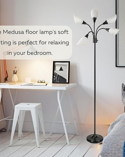 Modern Multi-Head Medusa Floor Lamp - 5 Light Standing Lamp for Bedroom and Living Room with Positionable Acrylic White Shades & 3-Light Mode Switch - Tall Black Floor Lamp for Living Room Decor - LeafyLoom
