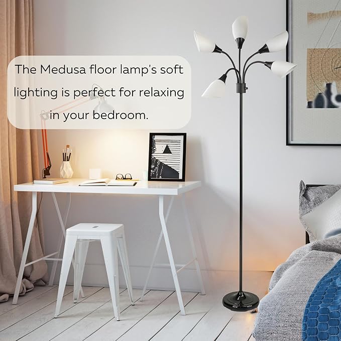 Modern Multi-Head Medusa Floor Lamp - 5 Light Standing Lamp for Bedroom and Living Room with Positionable Acrylic White Shades & 3-Light Mode Switch - Tall Black Floor Lamp for Living Room Decor - LeafyLoom