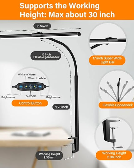 LED Desk Lamp with Clamp - Architect Desk Lamp Swing Arm Task Light 360 ° Rotation Gooseneck Desktop Lighting for Office Home Workbench Drafting Reading - LeafyLoom
