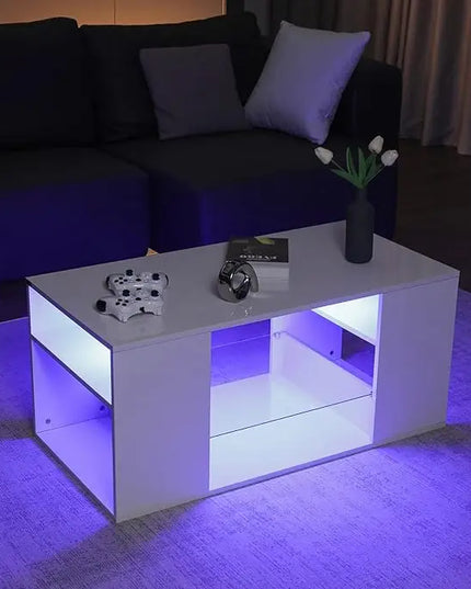 HOMMPA LED Coffee Tables for Living Room Modern White Coffee Table with 3 Shelves Open Glass Storage High Glossy Center Table Sofa Cocktail Table with 16 Colors LED Lights for Home Furniture White - LeafyLoom