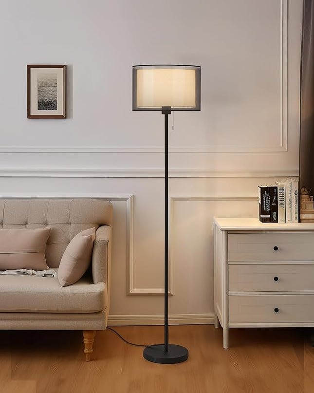 KDG Modern Floor Lamp for Living Room, Tall Standing Floor Lamp Corner Lighting, Fabric Lampshade LED Bulb Bright Pole Light, High Light for Bedroom, Reading, Office, Study Room, Warm Light(Black) - LeafyLoom