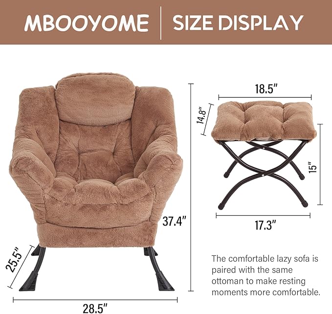 Lazy Chair with Ottoman, Modern Accent Chair Contemporary Lounge Leisure Upholstered Sofa Chair Set with Armrests, Reading Chair for Living Room, Bedroom, Office, Plush Brown - LeafyLoom
