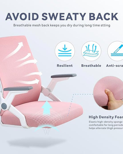 COMHOMA Office Chair with Flip-up Armrests Ergonomic Computer Desk Chair Foldable Mesh Task Chair with Wheels Adaptive Lumbar Support Swivel Tilt Comfortable Study Chair for Student, Pink - LeafyLoom