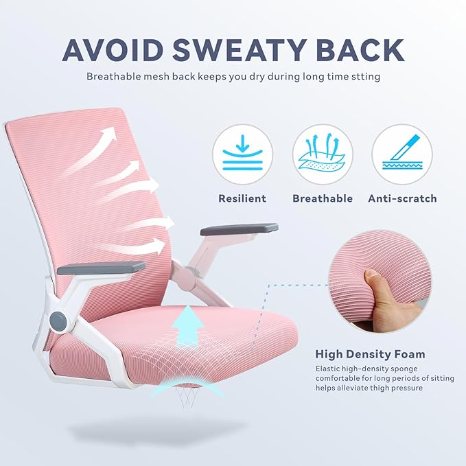 COMHOMA Office Chair with Flip-up Armrests Ergonomic Computer Desk Chair Foldable Mesh Task Chair with Wheels Adaptive Lumbar Support Swivel Tilt Comfortable Study Chair for Student, Pink - LeafyLoom