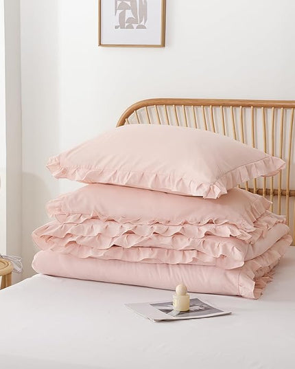JANZAA Pink Comforter Set Queen Comforter Set 3PCS (1 Ruffled Blush Comforter and 2 Pillowcases) Vintage Shabby Chic Bedding Soft Fluffy Comforter Set All Season - LeafyLoom