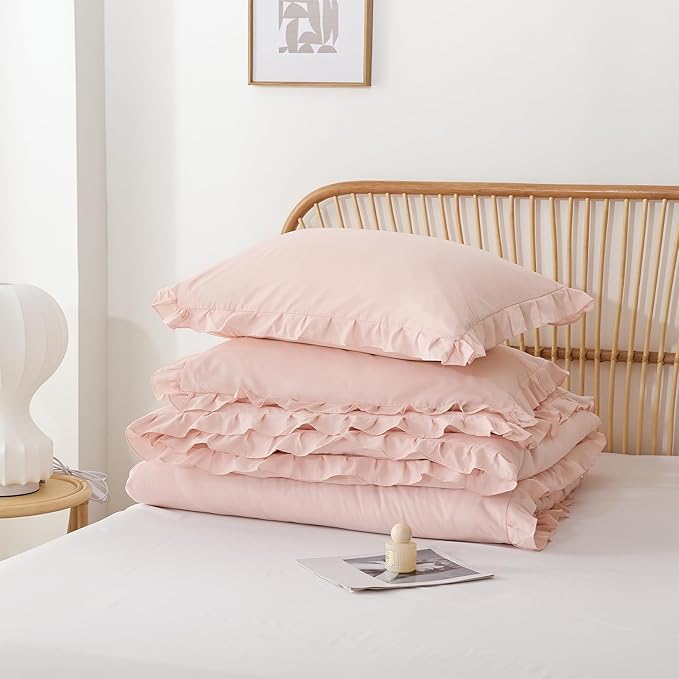 JANZAA Pink Comforter Set Queen Comforter Set 3PCS (1 Ruffled Blush Comforter and 2 Pillowcases) Vintage Shabby Chic Bedding Soft Fluffy Comforter Set All Season - LeafyLoom