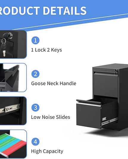 Vertical File Cabinet with Drawers, 2 Drawer File Cabinet for Home Office, Locking File Cabinet Hanging Files for A4/ Legal/Letter, Black - LeafyLoom