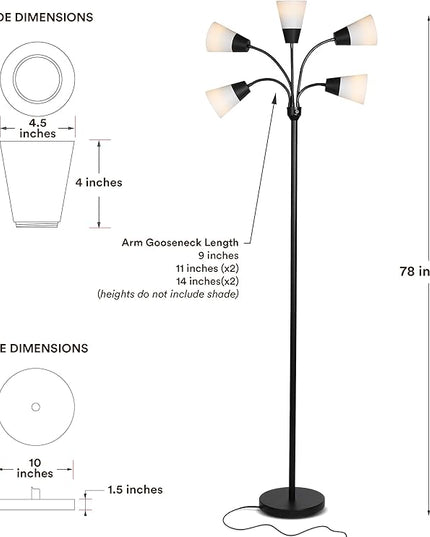 Brightech Medusa Modern LED Floor Lamp – Multi Head Floor Lamp for Living Rooms & Offices – Tall Lamp with Interchangeable Shade, Standing Lamp with 5 LED Bulbs for Hobbies - Black - LeafyLoom