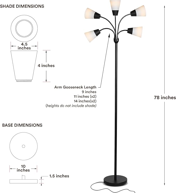 Brightech Medusa Modern LED Floor Lamp – Multi Head Floor Lamp for Living Rooms & Offices – Tall Lamp with Interchangeable Shade, Standing Lamp with 5 LED Bulbs for Hobbies - Black - LeafyLoom