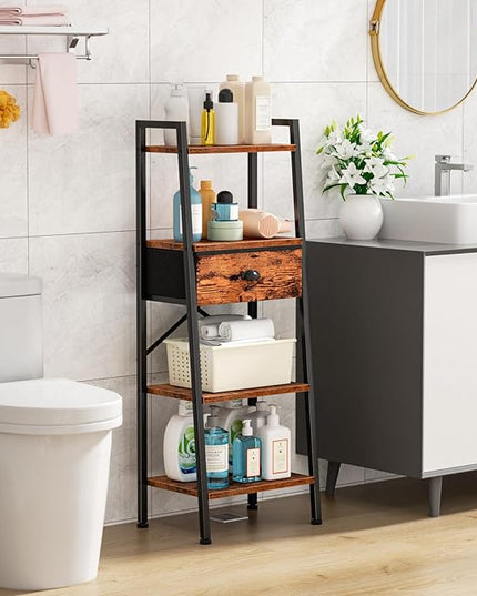 Furologee 4 Tier Ladder Shelf, Narrow Ladder Book Shelf with Drawer, Modern Bookcase Freestanding Shelf Units, Storage Shelves Organizer for Bedroom, Living Room, Bathroom, Home Office, Rustic Brown - LeafyLoom