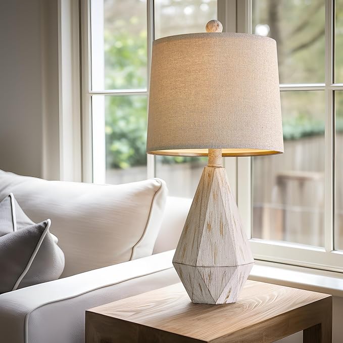 PoKat 20.25" Farmhouse Table Lamp for Nightstand, Vintage Bedside Lamps, Rustic Small Lamp, Modern Side Table Lamp for Living Bed Room Home with Linen Lampshade, White - LeafyLoom
