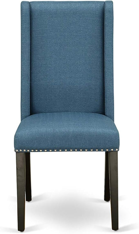 East West Furniture NOFL3-BLK-21 3 Piece Modern Dining Set Contains a Rectangle Wooden Table with Butterfly Leaf and 2 Blue Linen Fabric Upholstered Chairs, 32x54 Inch - LeafyLoom