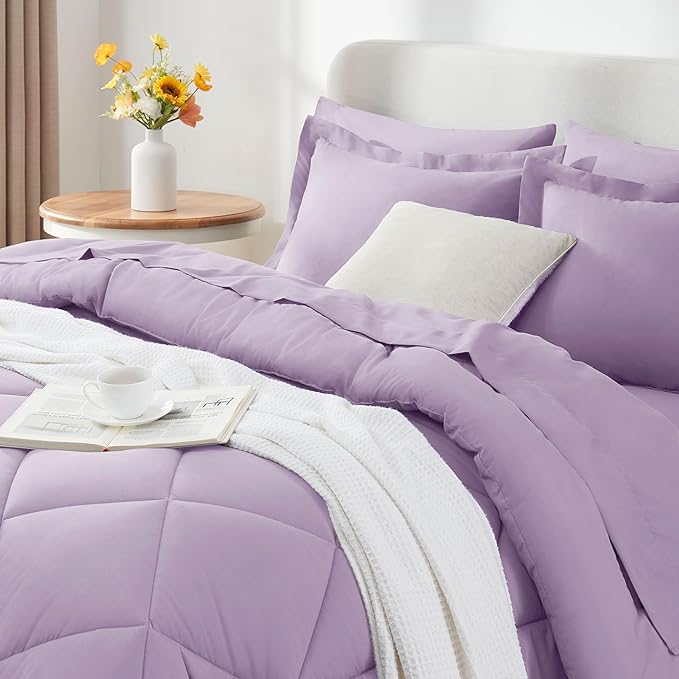 CozyLux King Comforter Set with Sheets 7 Pieces Bed in a Bag Light Purple All Season Lavender Bedding Sets with Comforter, Pillow Shams, Flat Sheet, Fitted Sheet and Pillowcases - LeafyLoom