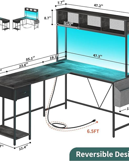 Yoobure L Shaped Desk Gaming Desk with LED Strip & Power Outlet, Reversible L-Shaped Computer Desk with Storage Shelf & Drawer, Corner Desk with Storage Bag, 2 Person Home Office Desk, Gray - LeafyLoom