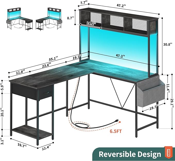 Yoobure L Shaped Desk Gaming Desk with LED Strip & Power Outlet, Reversible L-Shaped Computer Desk with Storage Shelf & Drawer, Corner Desk with Storage Bag, 2 Person Home Office Desk, Gray - LeafyLoom