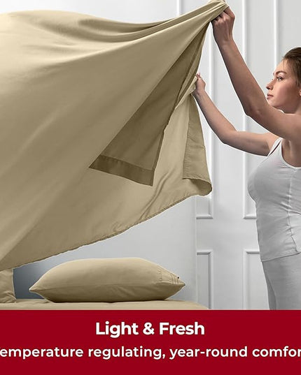 Mellanni California King Sheets Set - 4 PC Iconic Collection Bedding Sheets & Pillowcases - Hotel Luxury, Extra Soft, Cooling Bed Sheets - Deep Pocket up to 16 inch (Cal King, Beige) - LeafyLoom