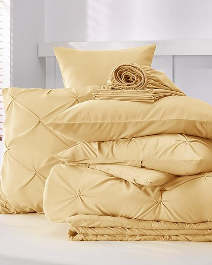 Bedsure Twin XL Comforter Set - Extra Long 5 Pieces Dorm Room Essentials, Pinch Pleat Yellow Bed in a Bag with Comforter, Sheets, Pillowcase & Sham - LeafyLoom
