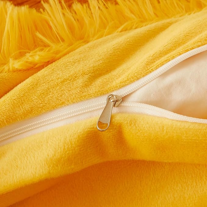 FOPPA Yellow Plush Fluffy Comforter Cover Set Queen - Ultra Soft Faux Fur Yellow Bedding Sets 3 Pieces (1 Shaggy Duvet Cover + 2 Pillow case) Fuzzy Bed Set (Yellow, Queen) - LeafyLoom