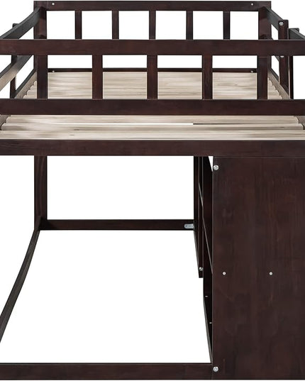 Loft Bed Frame, Twin Size Low Loft Bed with Small Rolling Desk, Chalkboard, 2 Shelves and 2 Storage Drawers for Kids Boys Girls Teens Bedroom, Space Saving Design, Espresso - LeafyLoom