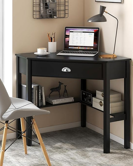 Nightcore Small, Wood Computer Desk, Compact Writing w/Drawer & Storage Shelves, Space Saving Study Workstation, Laptop PC Corner Table, Coffee - LeafyLoom