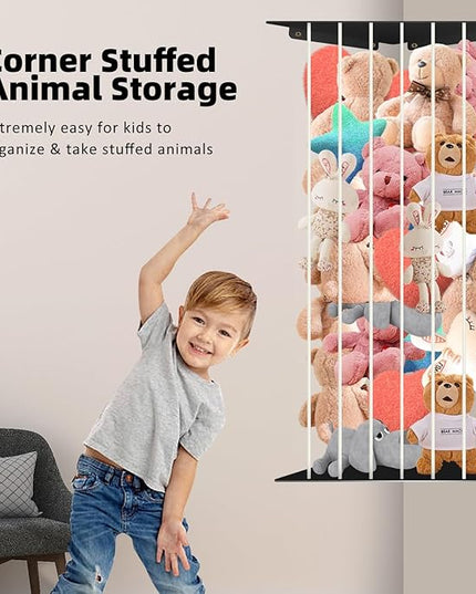 Toy Storage Organizer Corner Stuffed Animal Plush Toy Storage Kids Room Holder with Length Adjustable Large Toys Wall Hanging Shelf for Nursery Playroom Bedroom Sturdy Metal Black - LeafyLoom