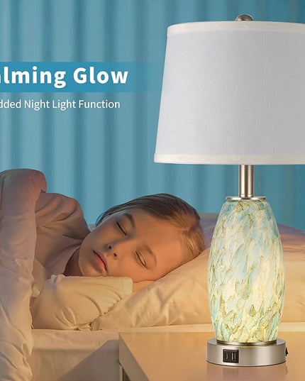 Table Lamps Set of 2, 3-Way Lighting Modes Modern Table Lamps for Bedroom, Coastal Bedside Lamps with USB Port & Type C, Glass Nightstand Lamps, 24" Table Lamps for Living Room Bedroom Decoration - LeafyLoom