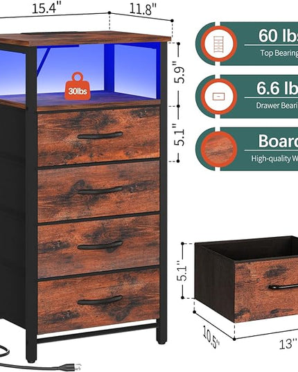 Yoobure Night Stand - LED Nightstand with Charging Station, Bedside Table with 4 Fabric Storage Drawers and Storage Shelf, End Table with USB Ports and Outlets, Tall Dresser for Bedroom - LeafyLoom