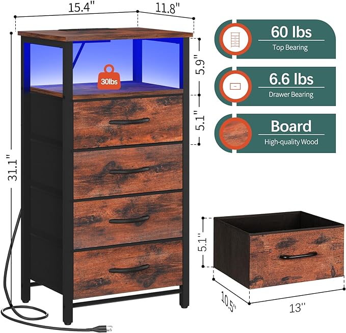 Yoobure Night Stand - LED Nightstand with Charging Station, Bedside Table with 4 Fabric Storage Drawers and Storage Shelf, End Table with USB Ports and Outlets, Tall Dresser for Bedroom - LeafyLoom