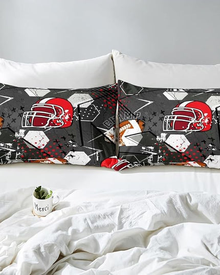 Erosebridal Football Comforter Set Twin,Red American Football Helmet Bedding Set for Kids Boys Teens Men Bed,Grunge Geometric Hexagon Comforter Retro Grey Soft Quilt Duvet Sets with 1 Pillow Case - LeafyLoom