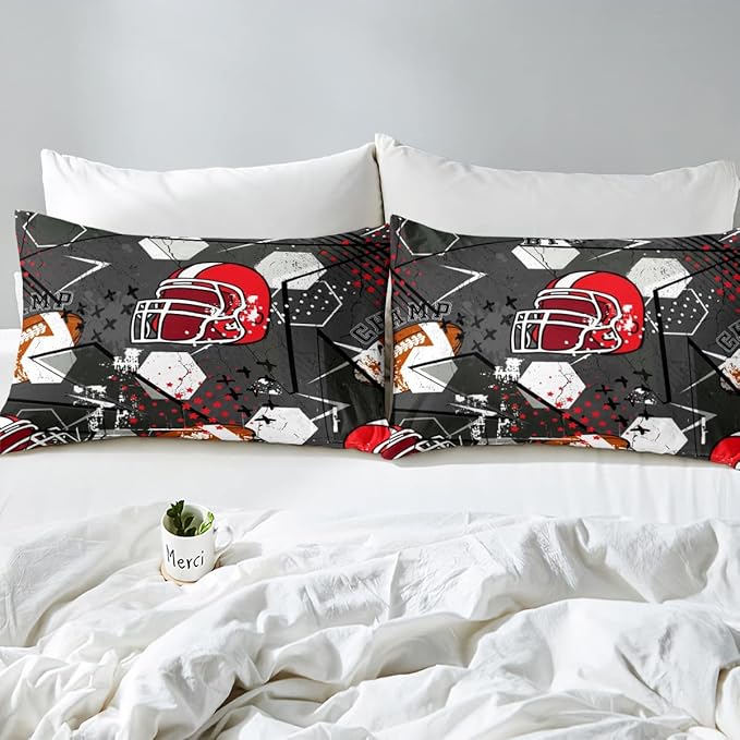Erosebridal Football Comforter Set Full,Red American Football Helmet Bedding Set for Kids Boys Teens Men Bed,Grunge Geometric Hexagon Comforter Retro Grey Soft Quilt Duvet Sets with 2 Pillow Cases - LeafyLoom