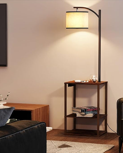 SUNMORY Rustic End Table Lamp with Table, Shelves, Charging Station(USB & AC Port) 3-Color Temperature LED Bulb For Floor, Living Room &, Bedroom(Brown) - LeafyLoom