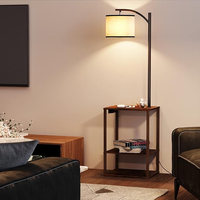 SUNMORY Rustic End Table Lamp with Table, Shelves, Charging Station(USB & AC Port) 3-Color Temperature LED Bulb For Floor, Living Room &, Bedroom(Brown) - LeafyLoom