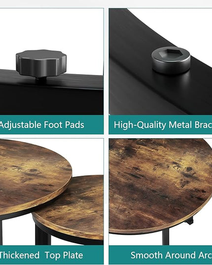 Nesting Coffee Table Set of 2, 23.6" Round Coffee Table Rustic Wood Top with Adjustable Non-Slip Feet, Industrial End Table Side Tables for Living Room Bedroom Balcony Yard - LeafyLoom