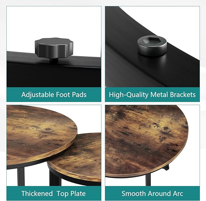 Nesting Coffee Table Set of 2, 23.6" Round Coffee Table Rustic Wood Top with Adjustable Non-Slip Feet, Industrial End Table Side Tables for Living Room Bedroom Balcony Yard - LeafyLoom