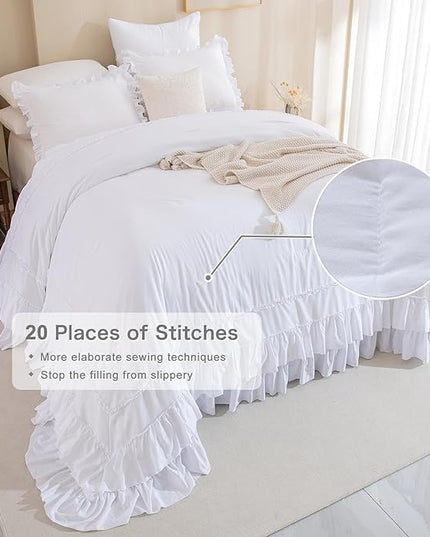 White Oversized King Comforter Set 120x120,Farmhouse Shabby Boho Chic Ruffle California King Bed Comforter Set French Country Rustic Bedding 3PCS (1 Ruffled Comforter+2 Pillow Shams) - LeafyLoom