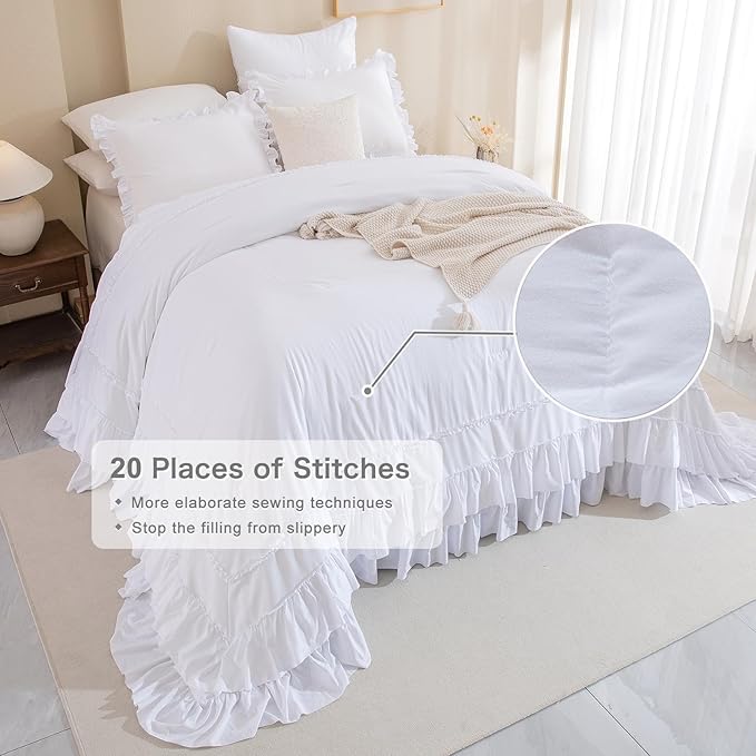 White Oversized King Comforter Set 120x120,Farmhouse Shabby Boho Chic Ruffle California King Bed Comforter Set French Country Rustic Bedding 3PCS (1 Ruffled Comforter+2 Pillow Shams) - LeafyLoom