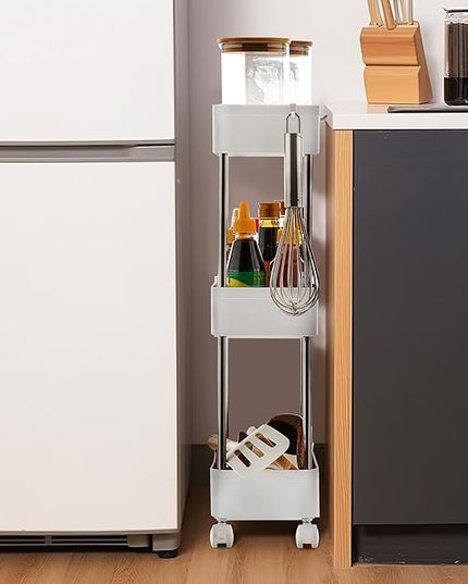 VECELO Storage Cart 3-Tier Utility Rolling Cart,Mobile Shelving Slim Unit Organizers with 360°Wheels Hooks&Hanging Cups for Kitchen Bedroom Bathroom Office Sofa Side in Narrow Places, White - LeafyLoom