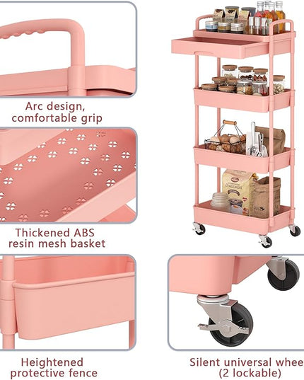 4-Tier Rolling Cart，Trolley with Drawer, Kitchen Storage Organizer with Plastic Shelf & Metal Wheels, Storage Cart for Living Room, Kitchen, Office, Bathroom, Pink - LeafyLoom