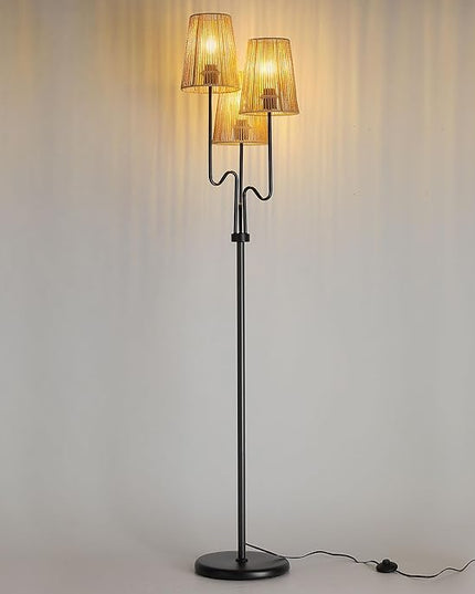 Boho Floor Lamp, 68in. Rattan Floor Lamp with Rattan Shade,3 Light Tree Standing Lamp for Bedroom,Nursery,E26 Socket, Living Room Floor Lamp for Rustic,Coastal, Beach or Bohemian Decor (Black) - LeafyLoom