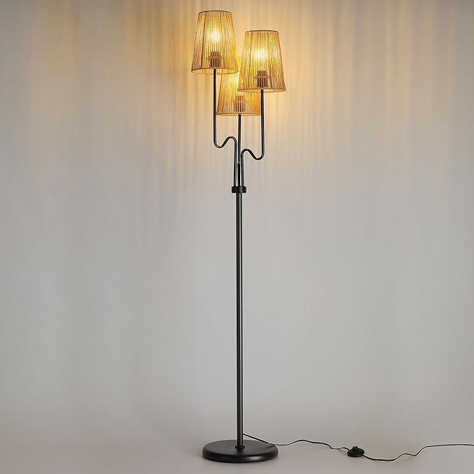 Boho Floor Lamp, 68in. Rattan Floor Lamp with Rattan Shade,3 Light Tree Standing Lamp for Bedroom,Nursery,E26 Socket, Living Room Floor Lamp for Rustic,Coastal, Beach or Bohemian Decor (Black) - LeafyLoom