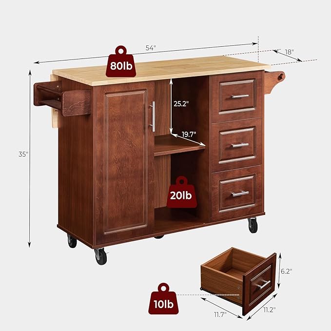 54" Rolling Kitchen Island Cart with Storage, Large Kitchen Cart with Folding Drop Leaf Breakfast Bar, Wood Island Table for Kitchen with 3 Drawers and Spice Rack & Towel Rack, Rustic Brown - LeafyLoom