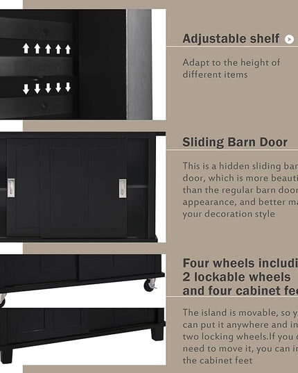 Kitchen Island with Storage, Rolling Table on Wheels w/Storage Cabinet and 2 Drawers for Dinning Room, Rubber Wood Contertop - LeafyLoom
