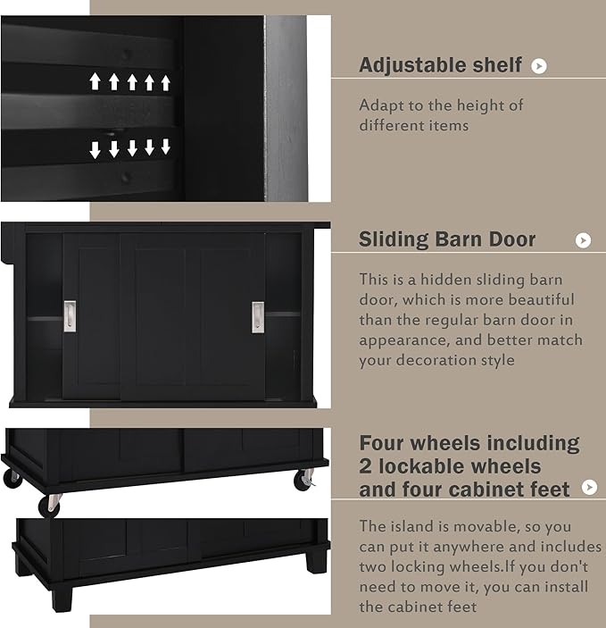 Kitchen Island with Storage, Rolling Table on Wheels w/Storage Cabinet and 2 Drawers for Dinning Room, Rubber Wood Contertop - LeafyLoom