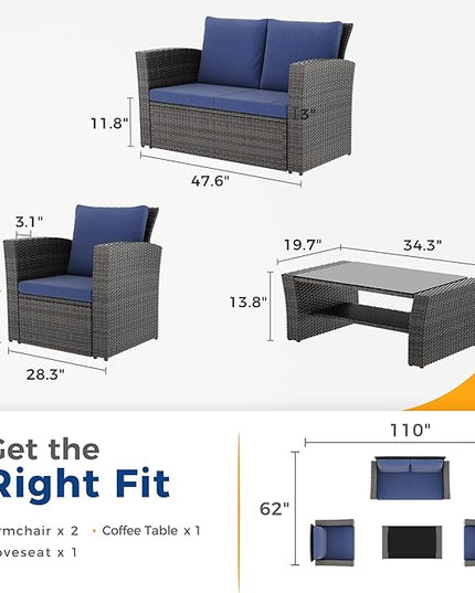 Wisteria Lane 4 Piece Outdoor Patio Furniture Sets, Wicker Conversation Set for Porch Deck, Grey Rattan Sofa Chair with Cushion （Blue - LeafyLoom
