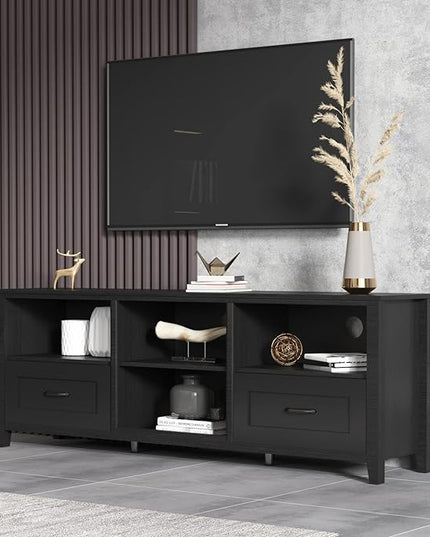 TV Stand Base, Entertainment Center Cabinet with 2 Drawers and 4 High-Capacity Storage Media Console for Living Room, 70 Inch, Black-1 - LeafyLoom