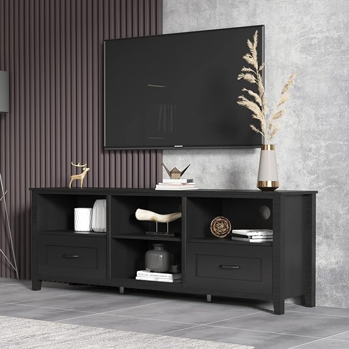 TV Stand Base, Entertainment Center Cabinet with 2 Drawers and 4 High-Capacity Storage Media Console for Living Room, 70 Inch, Black-1 - LeafyLoom
