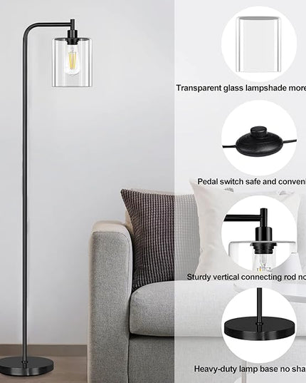 QiMH Industrial Floor Lamp for Living Room, Modern Standing Lamp with HD Glass Lampshade and Pedal Switch, 67” Tall Pole Light for Bedroom Study Room, Black (2700K LED Bulb Included) - LeafyLoom