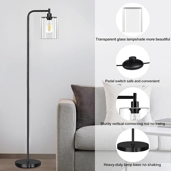 QiMH Industrial Floor Lamp for Living Room, Modern Standing Lamp with HD Glass Lampshade and Pedal Switch, 67” Tall Pole Light for Bedroom Study Room, Black (2700K LED Bulb Included) - LeafyLoom