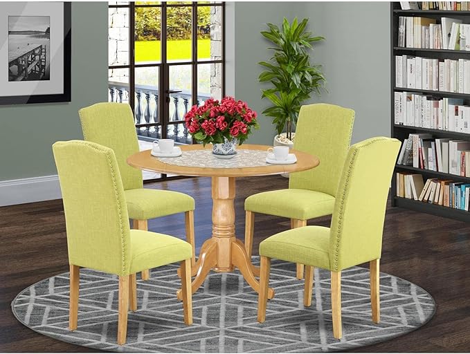 East West Furniture Dublin 5 Piece Kitchen Set includes a Round Table with Dropleaf and 4 Limelight Linen Fabric Parson Dining Chairs, 42x42 Inch, DLEN5-OAK-07 - LeafyLoom